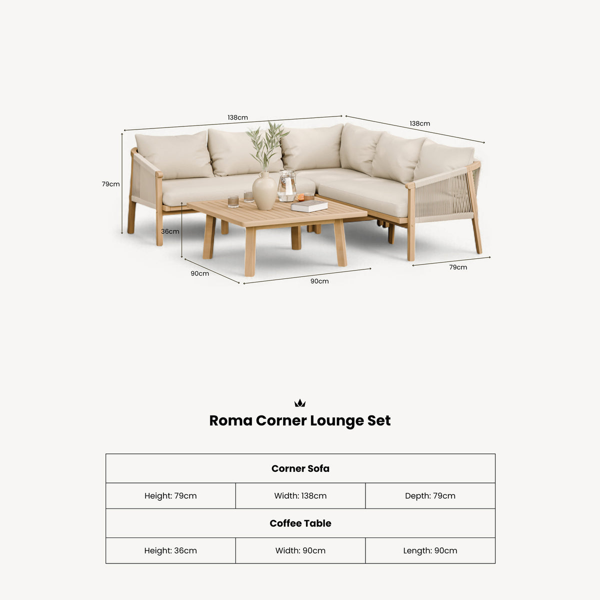 Roma FSC 5 Seater Corner Lounge Set with 90cm Square Coffee Table