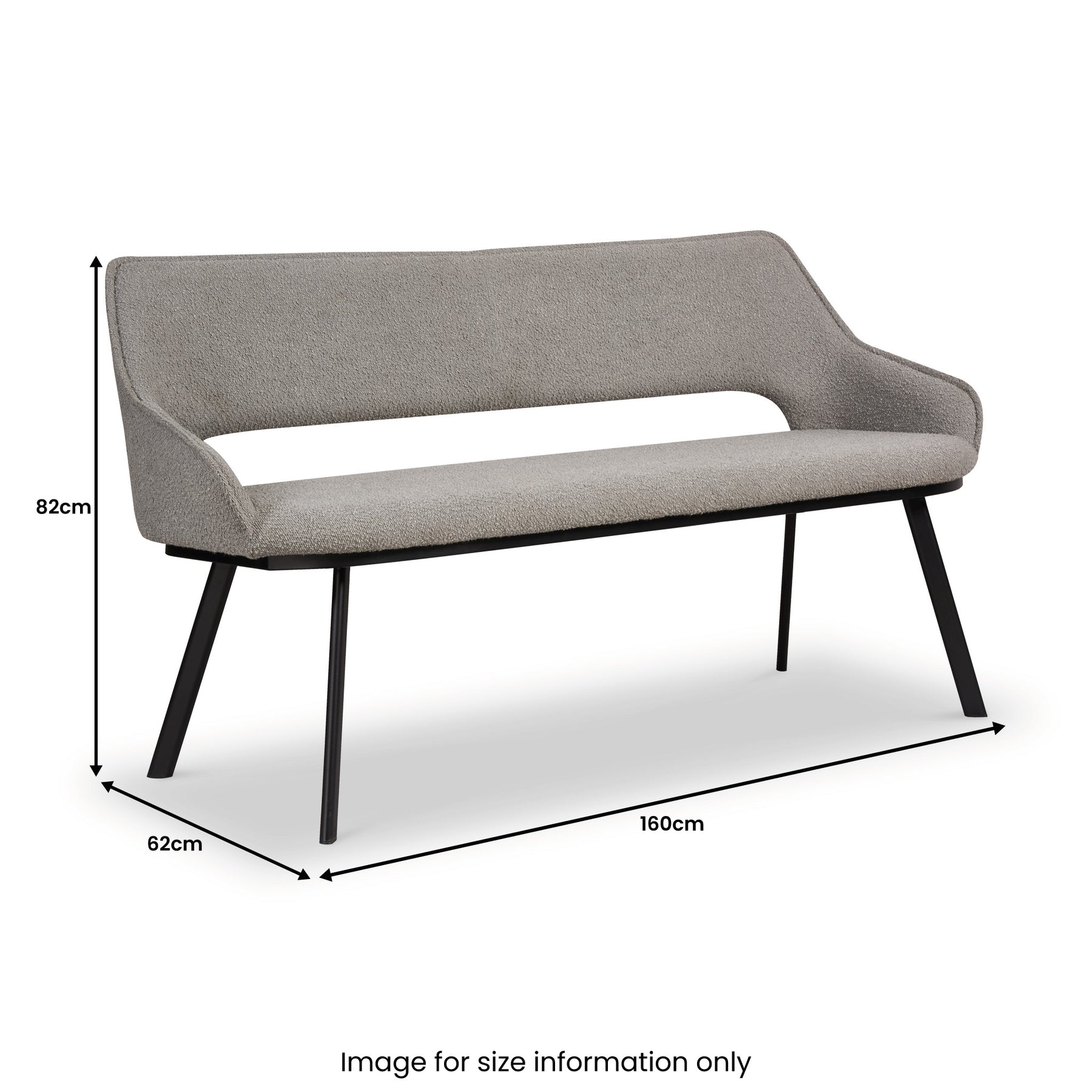 A modern gray sofa stands stationary against a white background, with dimensions labeled as 82cm high, 160cm wide, and 62cm deep. Text states "Image for size information only."