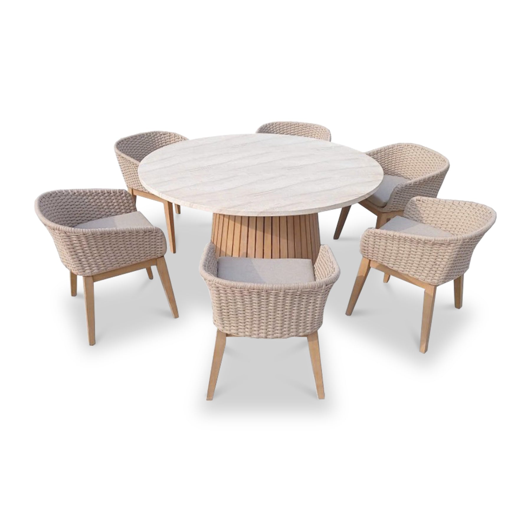 FSC 1 Saturn 150cm Round Table w 6 Eden Dawn Dining Chairs from Roseland Furniture