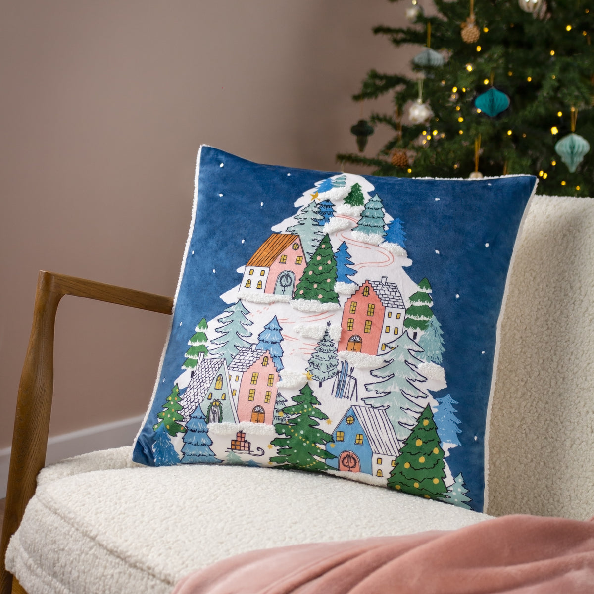 Snowy Village Tree 45cm Cushion by Roseland Furniture