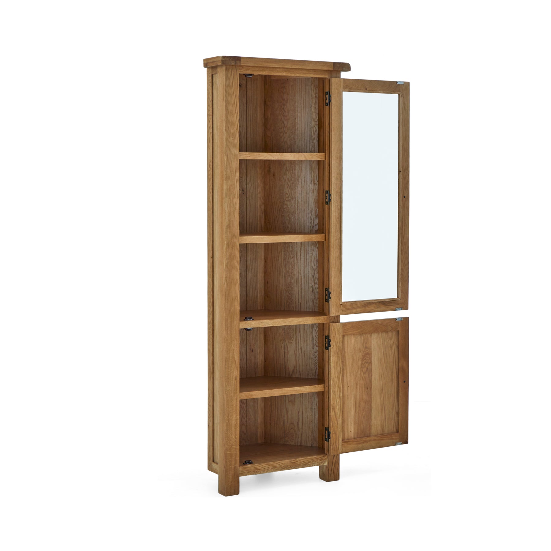 Zelah Oak Corner Display Cabinet with top and bottom doors all the way open - displaying interior shelving