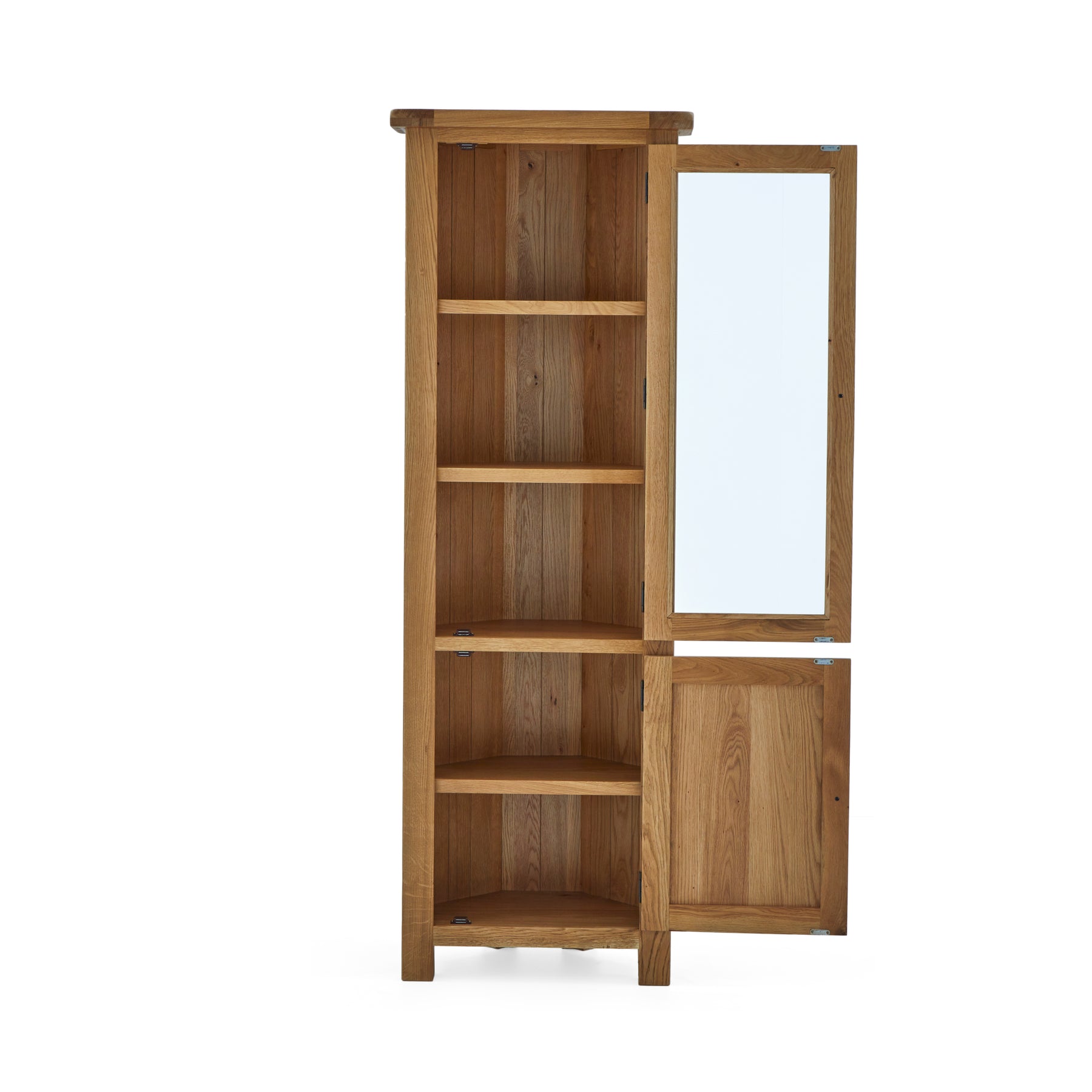 Zelah Oak Corner Display Cabinet with top and bottom doors all the way open - displaying interior shelving