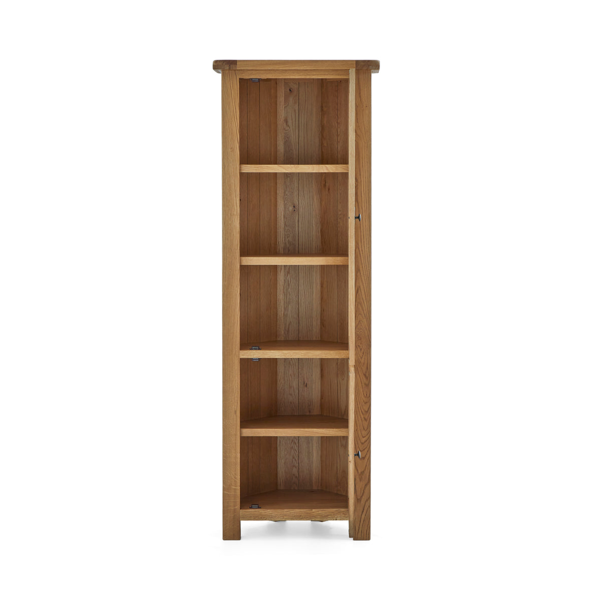 Zelah Oak Corner Display Cabinet with top and bottom doors - displaying interior shelving
