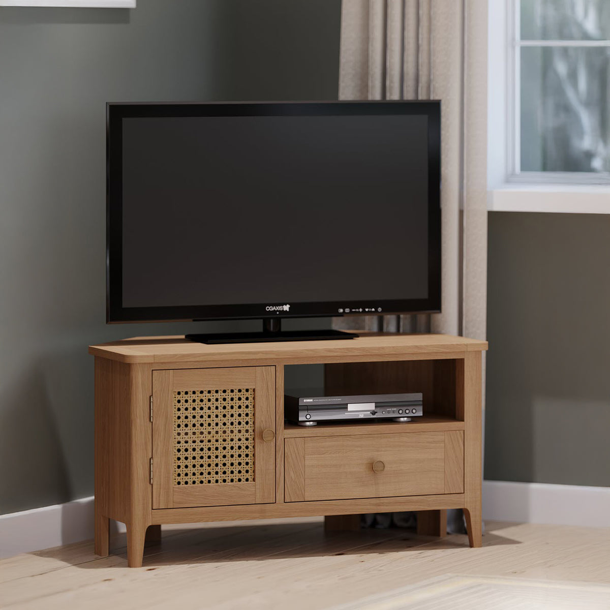 Albany Oak Rattan 90cm Corner TV Unit from Roseland Furniture