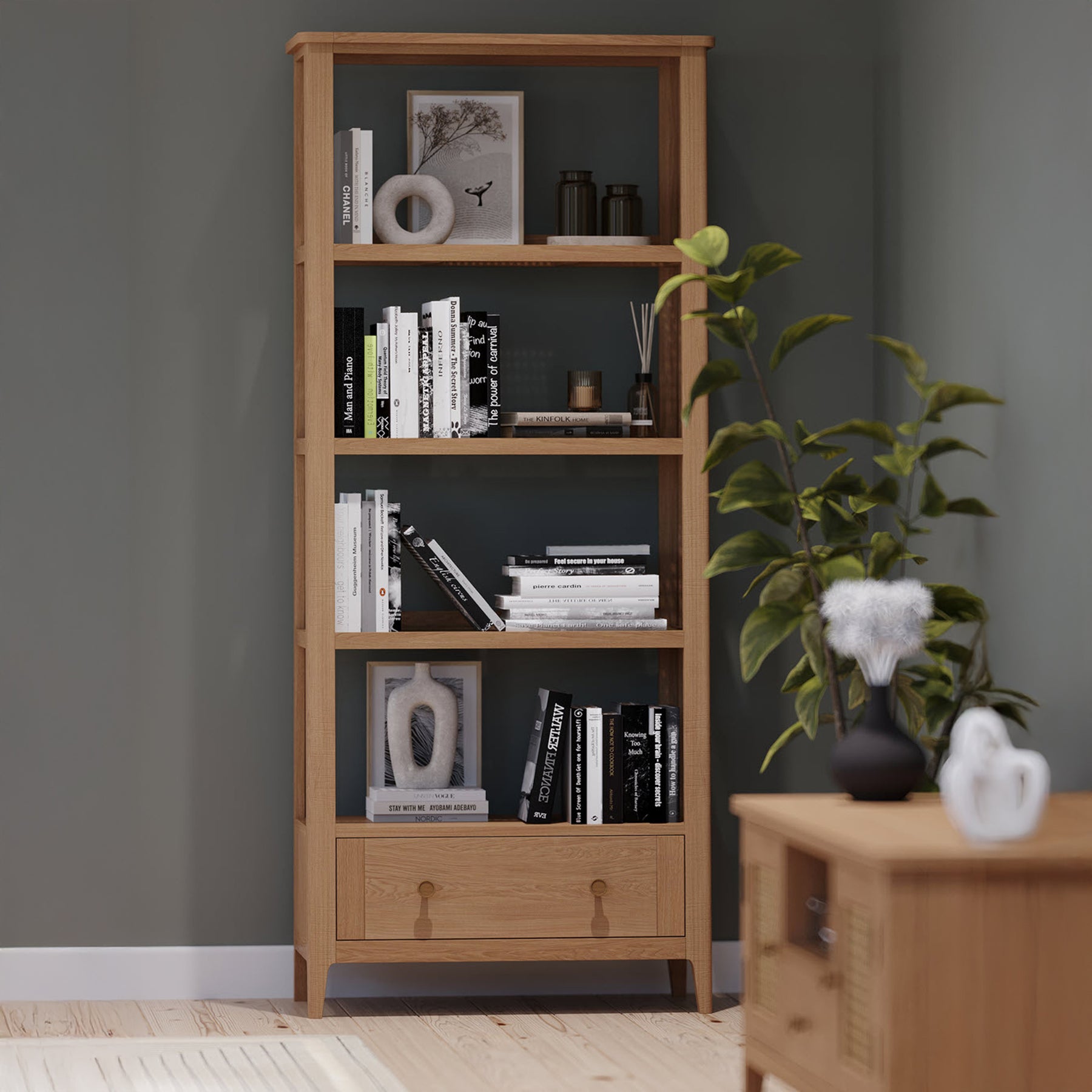 Albany Oak Rattan Ladder Display Bookcase from Roseland Furniture