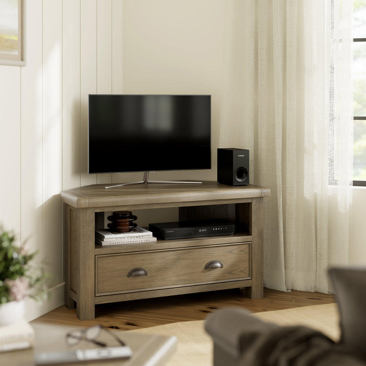 Taunton Smoked Oak 90cm Corner TV Unit from Roseland Furniture