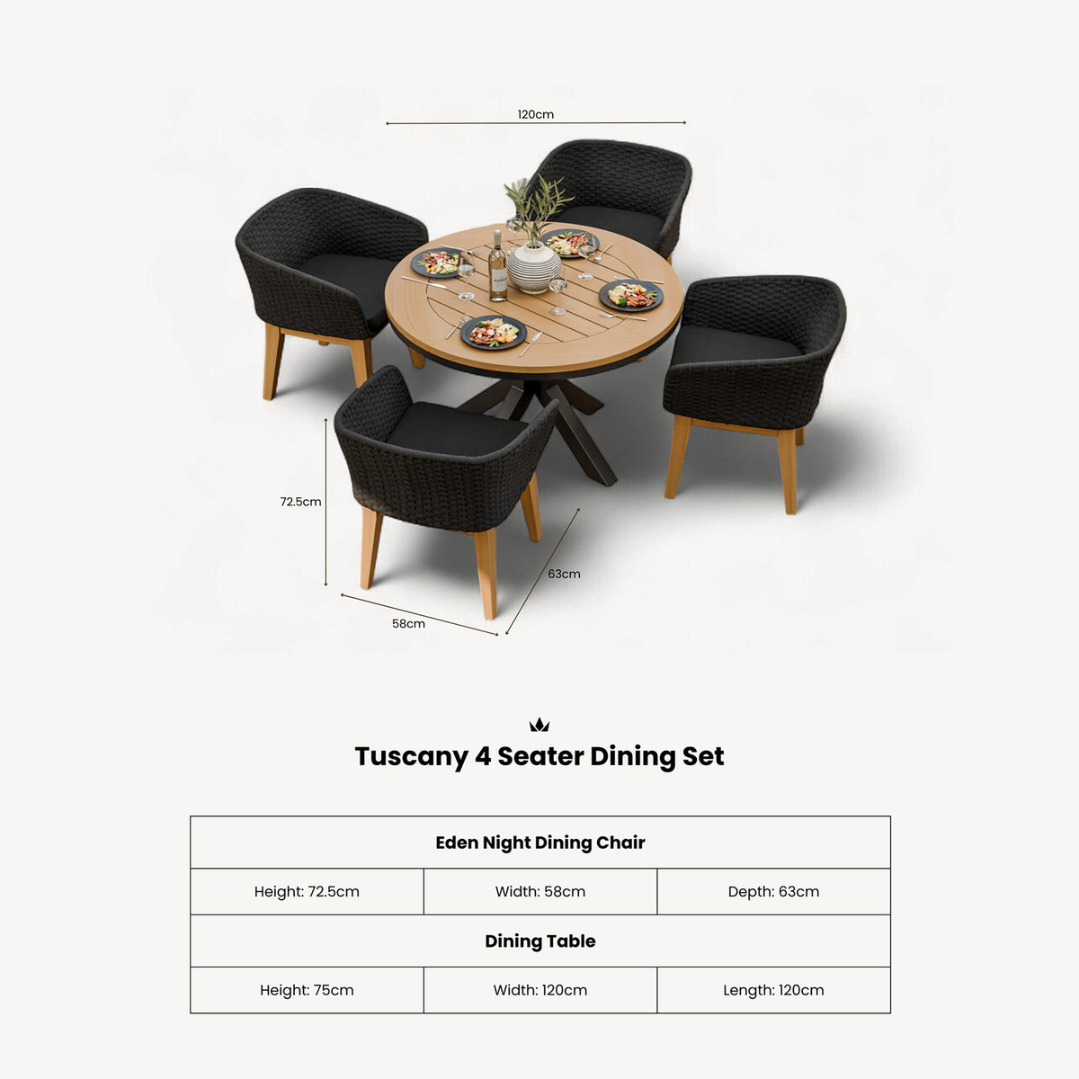 Tuscany 4 Seater Round Dining Set with Eden Night Dining Chairs
