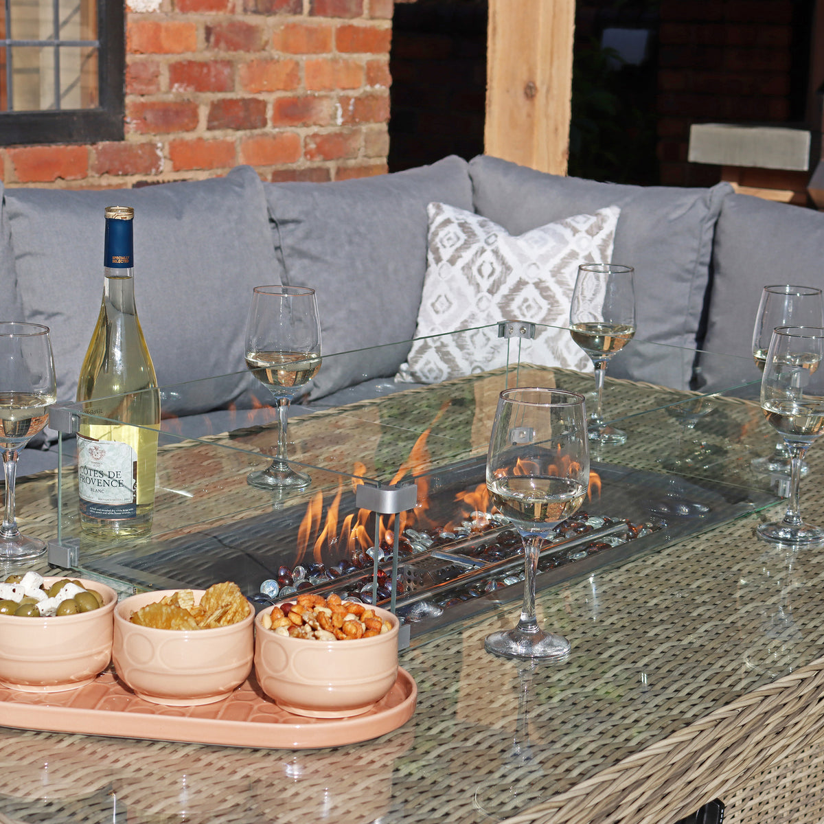 Wentworth 170cm Fire Pit Dine or Lounge Rattan Set with Bench from Roseland Furniture