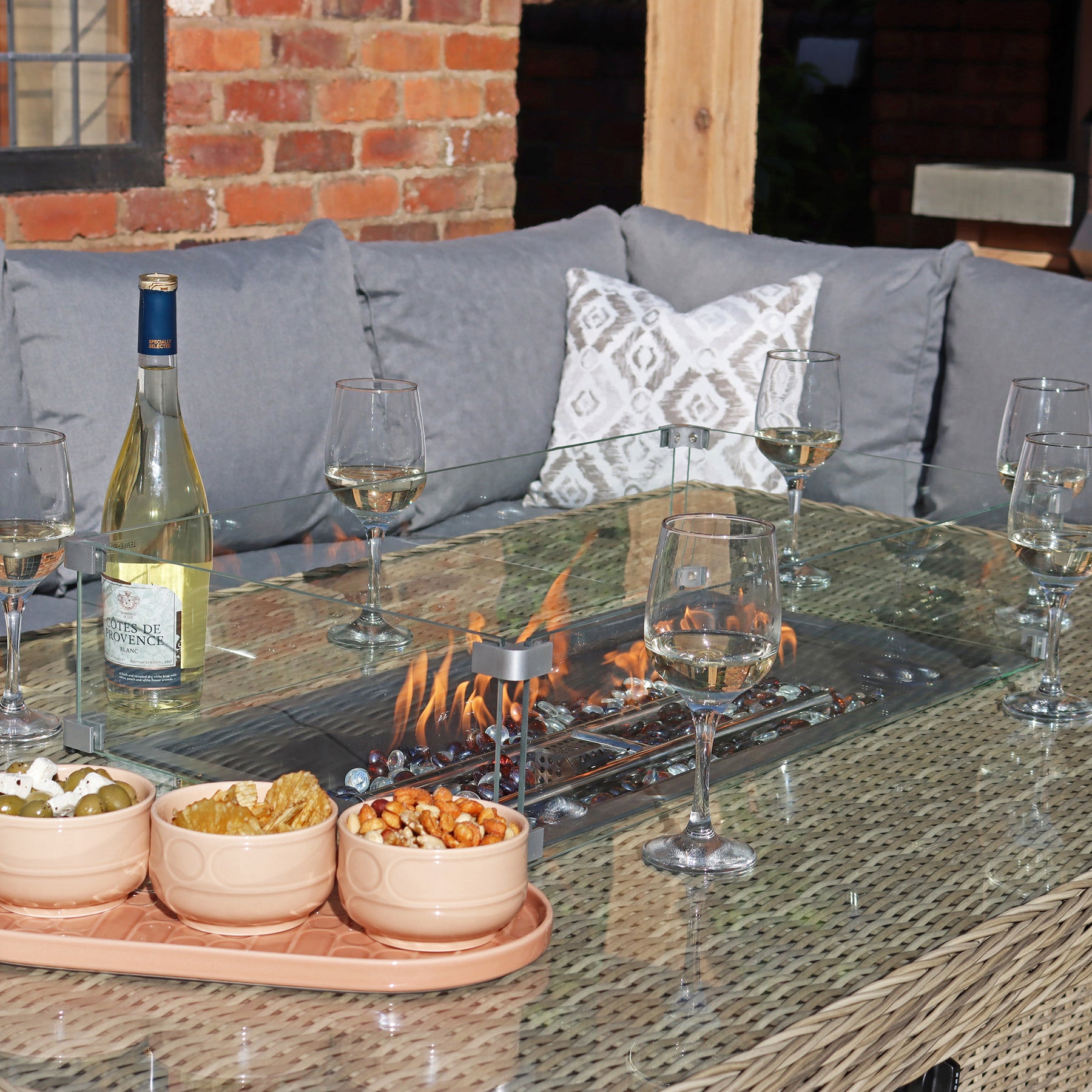 Wentworth 170cm Fire Pit Dine or Lounge Rattan Set with Bench from Roseland Furniture