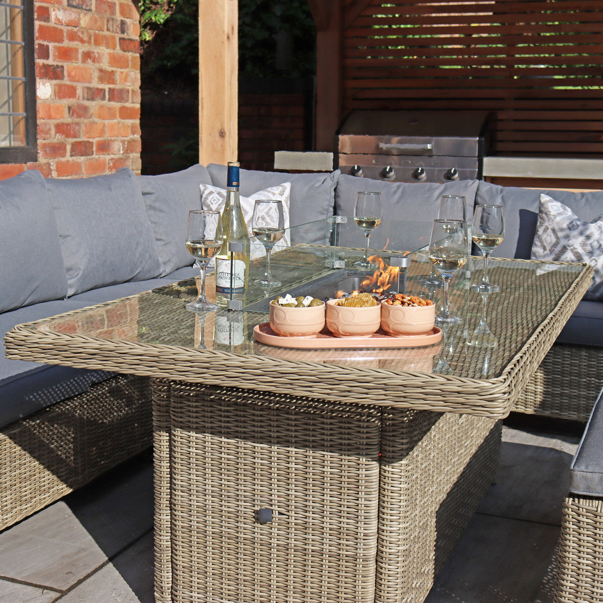 Wentworth 170cm Fire Pit Dine or Lounge Rattan Set with Bench from Roseland Furniture