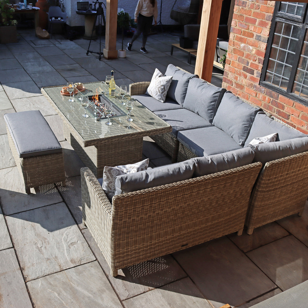Wentworth 170cm Fire Pit Dine or Lounge Rattan Set with Bench from Roseland Furniture