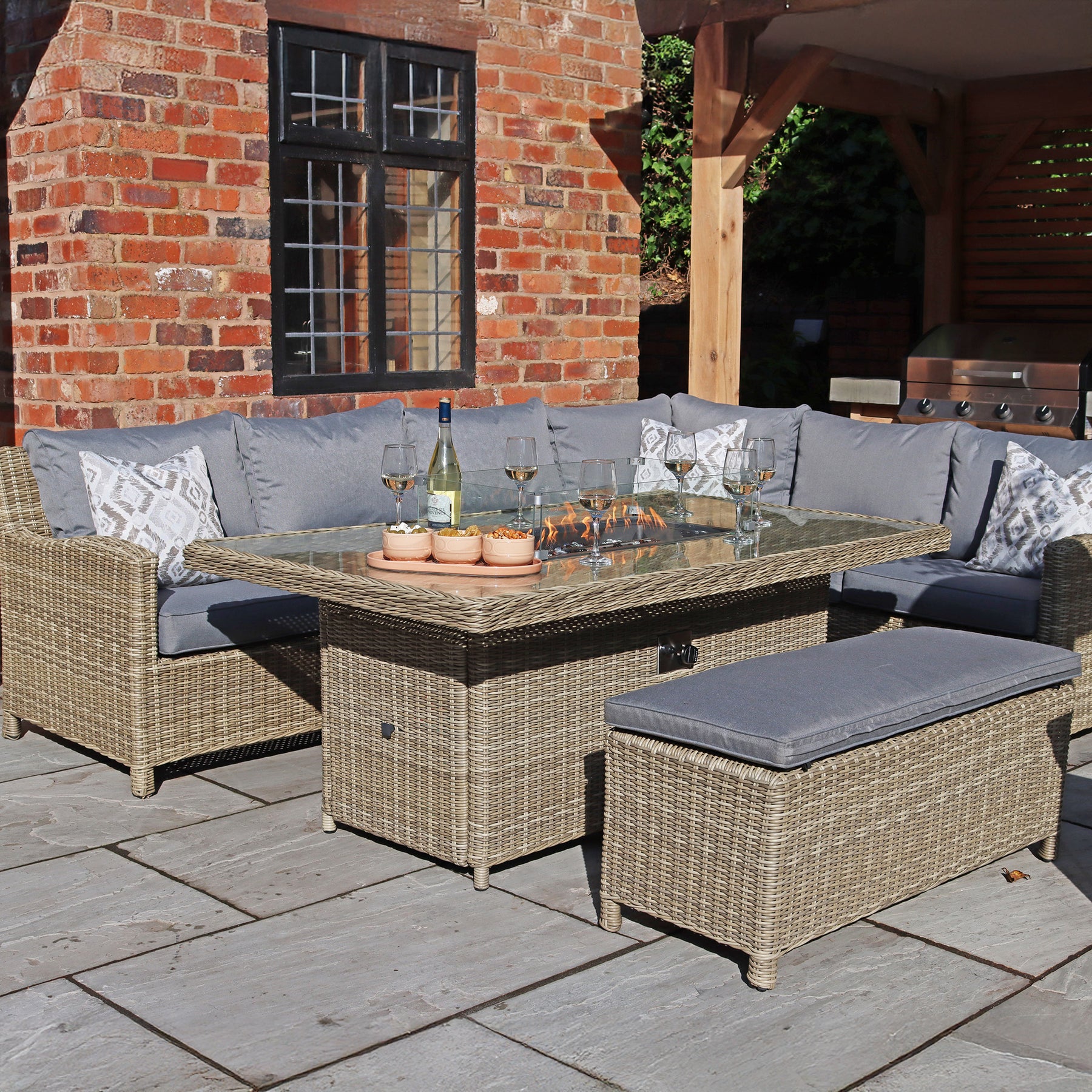 Wentworth 170cm Fire Pit Dine or Lounge Rattan Set with Bench from Roseland Furniture