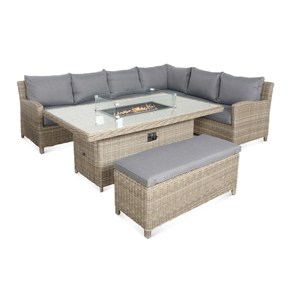 Wentworth 170cm Fire Pit Dine or Lounge Rattan Set with Bench