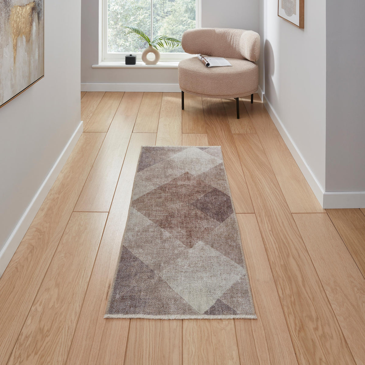 Brown Atherley Diamond Washable Runner Rug from Roseland Furniture