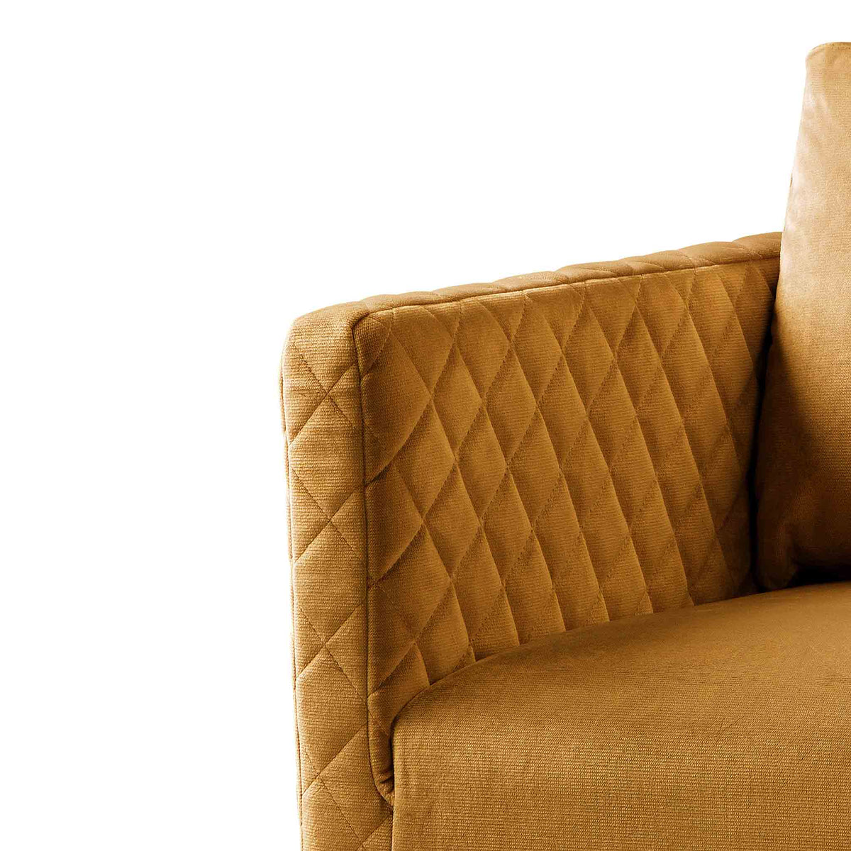 close up of the upholstered velvet fabric on the Bali Gold Velvet Accent Chair