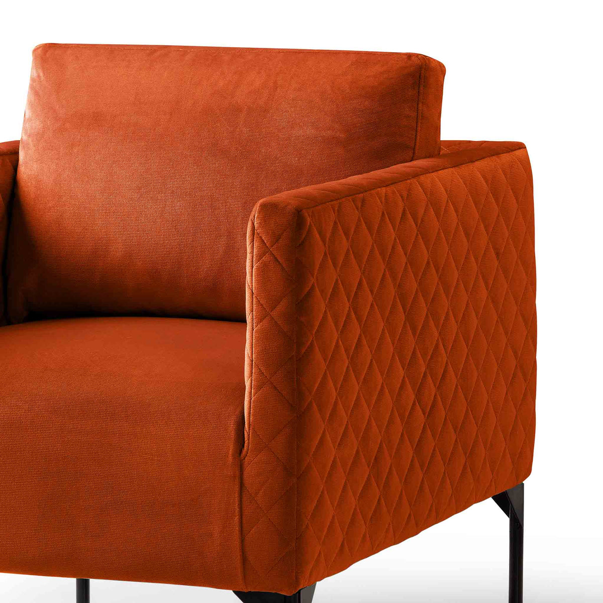 close up of the padded seat and backrest cushion on the Bali Apricot Velvet Accent Chair