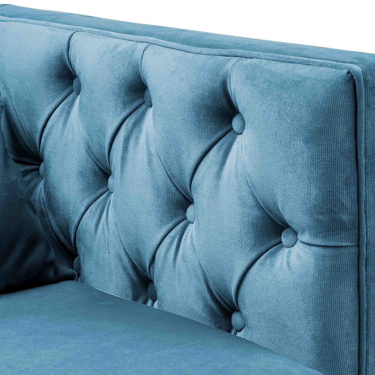 close up of the button tuft detail on the Savoy Peacock Velvet 2 Seater Accent Chair 