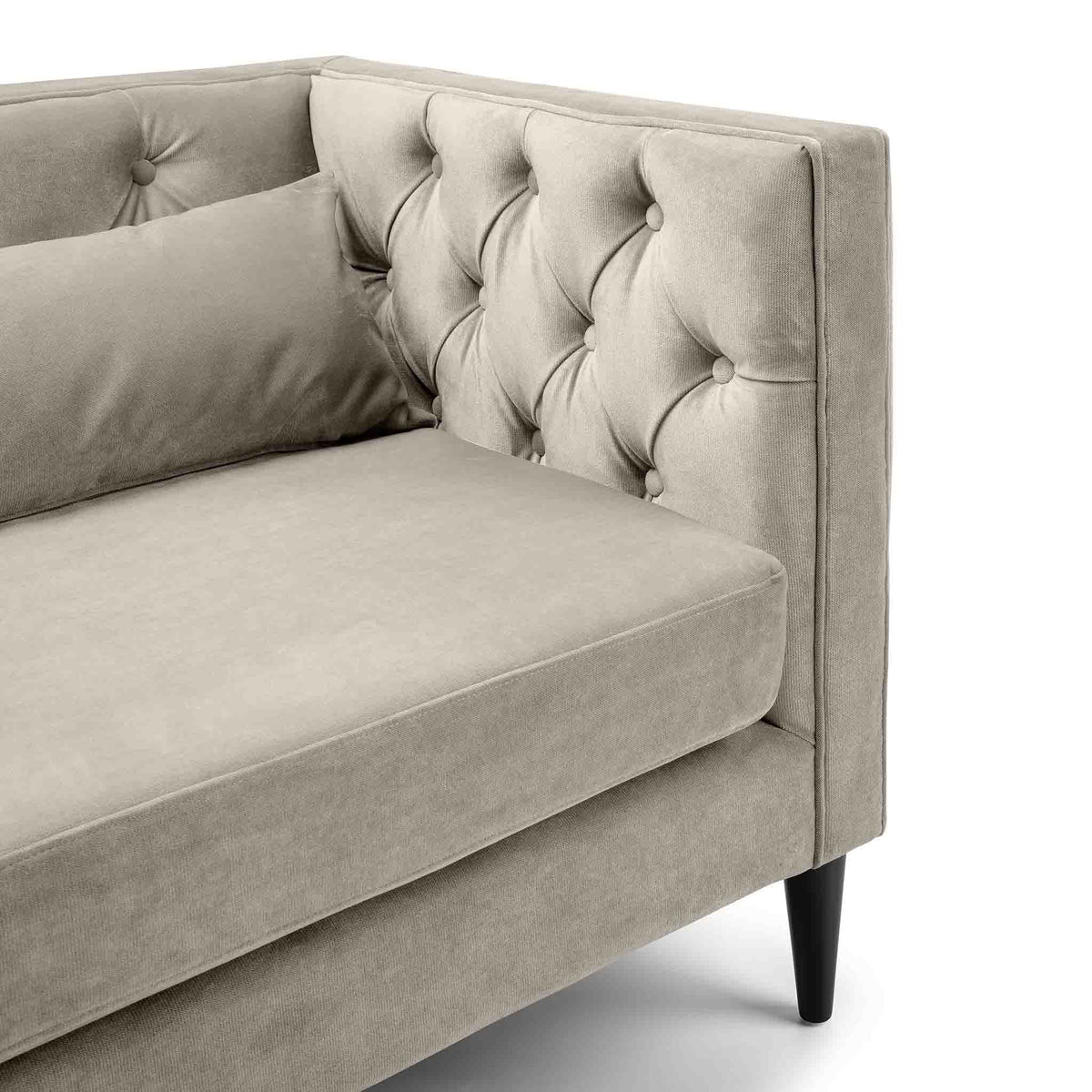 close up of the padded foam seat on the Savoy Putty Velvet 2 Seater Accent