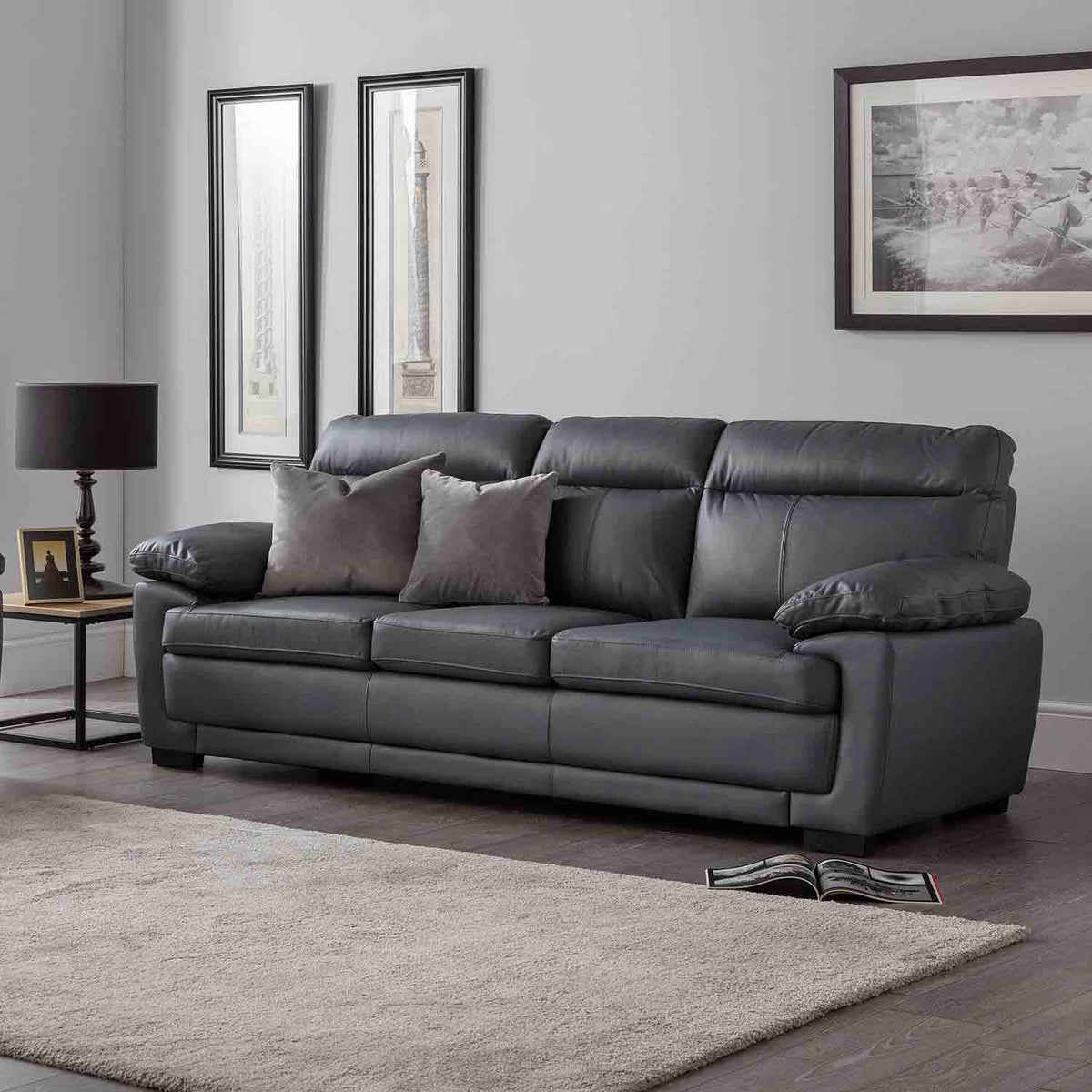Hugo Grey 3 Seater Leather Sofa - Lifestyle