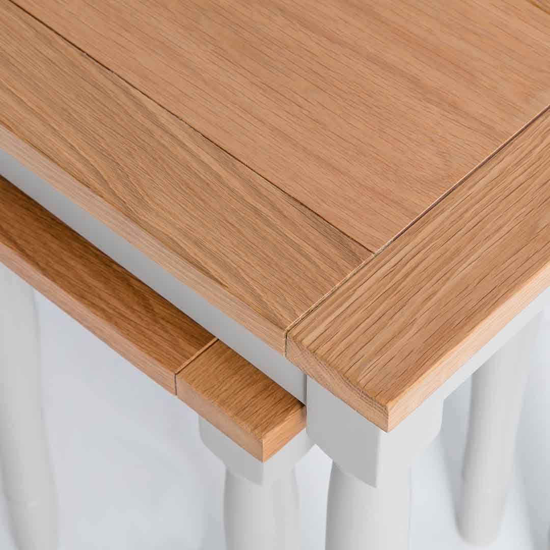 Close up of the oak tops on the Chichester Chester Grey 2 Nested Tables
