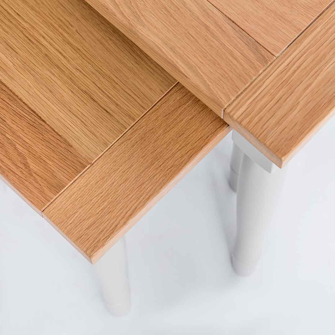 Close up of the oak tops on the Chichester Chester Grey Nest of Tables