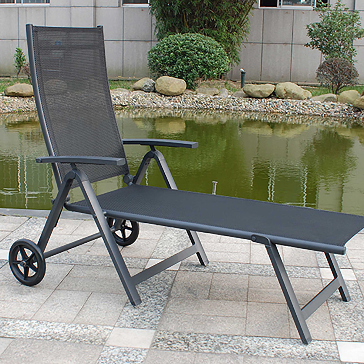 Sorrento Black Wheeled Reclining Sun Lounger Metal Frame