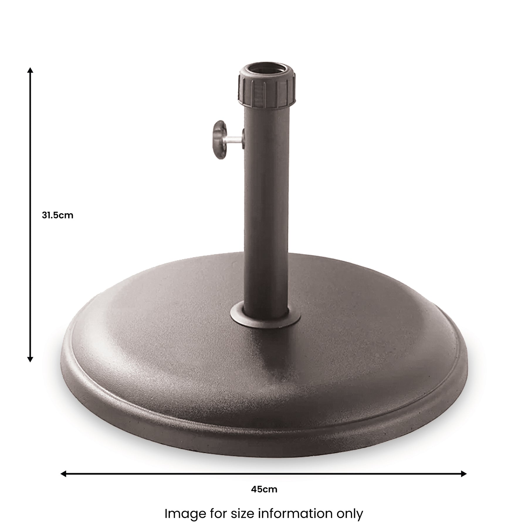 A round, metallic umbrella base with a central support column and tightening knob, measuring 31.5cm in height and 45cm in diameter. Text: "Image for size information only."