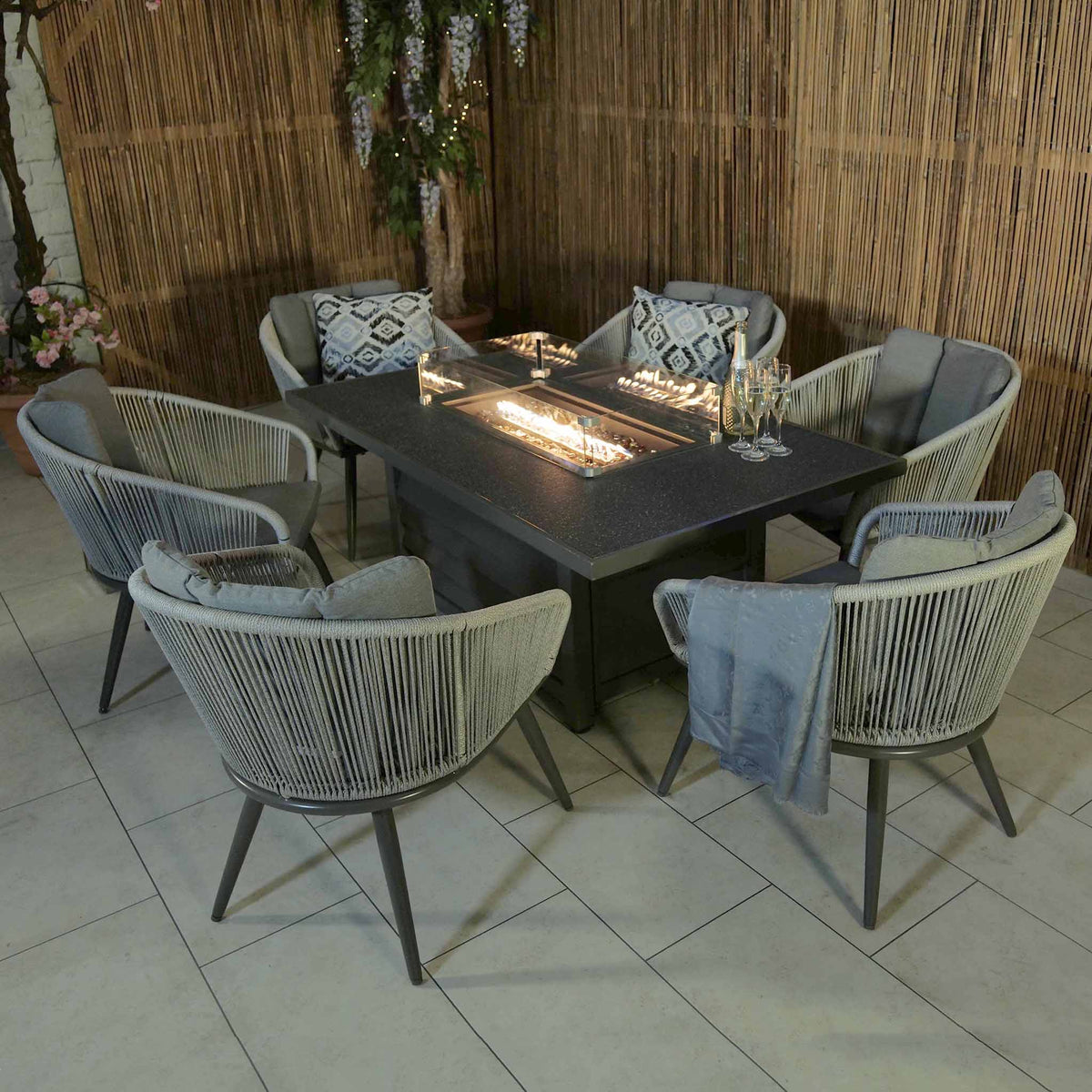 Aspen 6 Seater Fire Pit Table Garden Dining Set with 6 Chairs