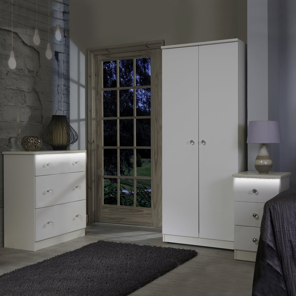 Aria white Gloss LED lighting 3 drawer bedside cabinet bedroom lifestyle