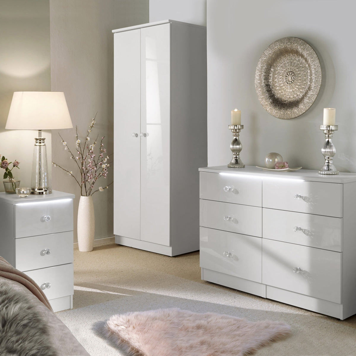 Aria white gloss LED lighting 6 drawer chest for bedroom