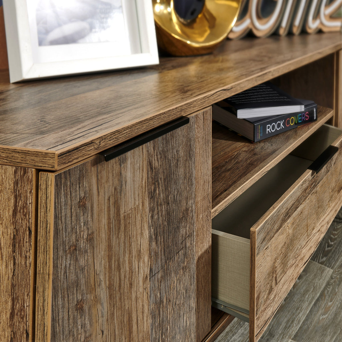 Moreno Rustic Oak Wide TV Unit with Black Hairpin Legs