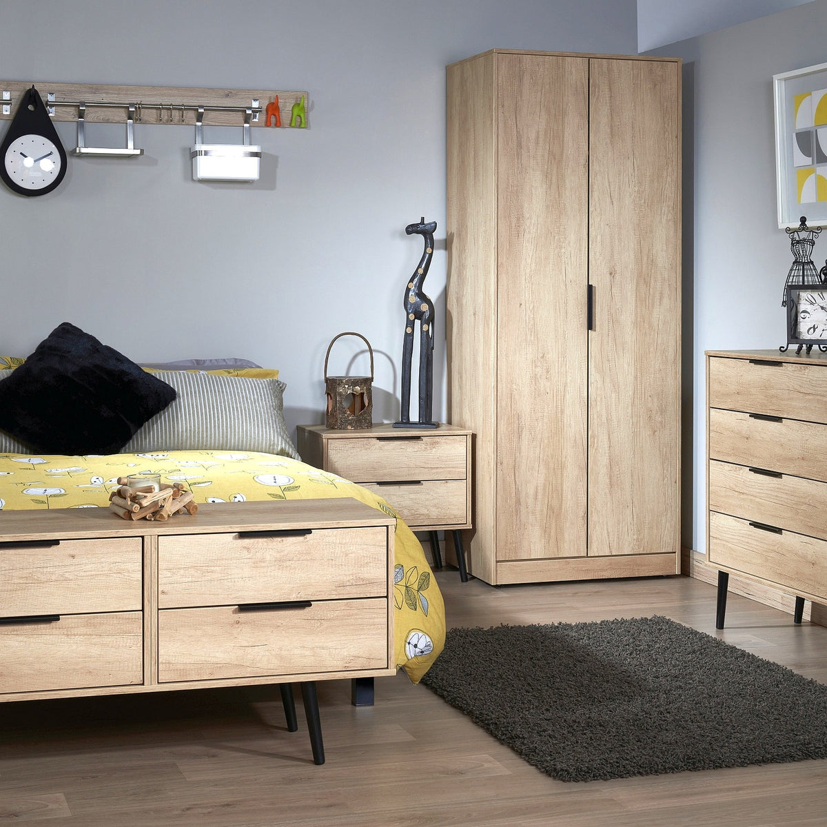Asher Light Oak 4 Drawer Low Storage Chest with black legs for bedroom