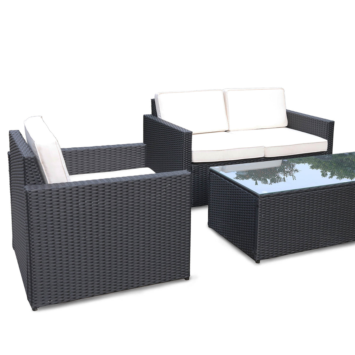 Berlin Black Rattan 4 Seater Sofa Lounge Set with Coffee Table with amrchairs