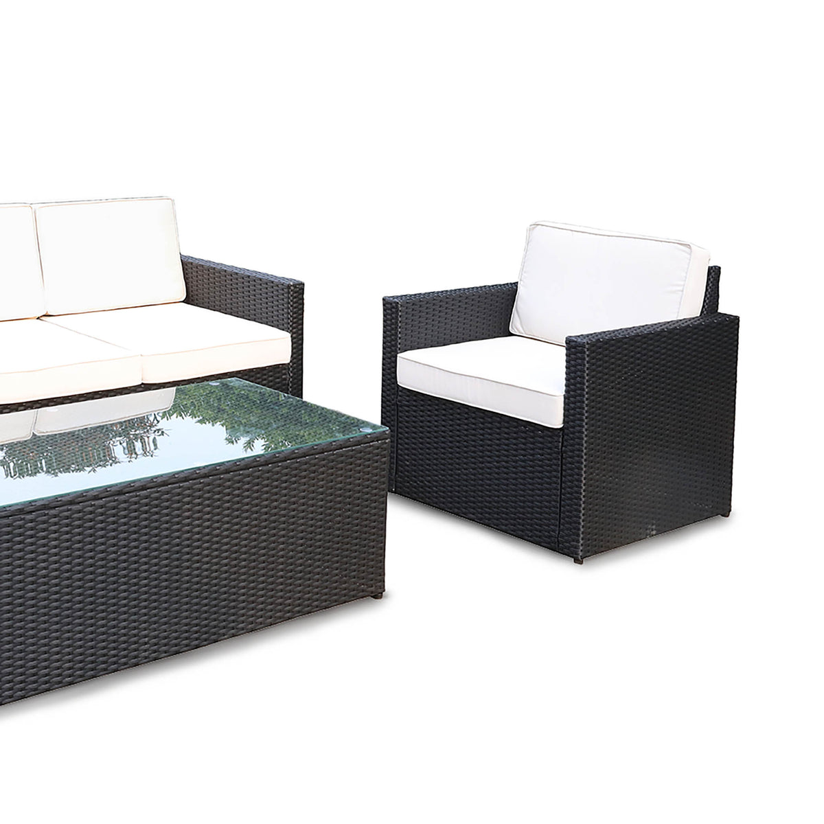 Berlin Black Rattan 5 Seater Sofa Lounge Set with Glass Top  Coffee Table 
