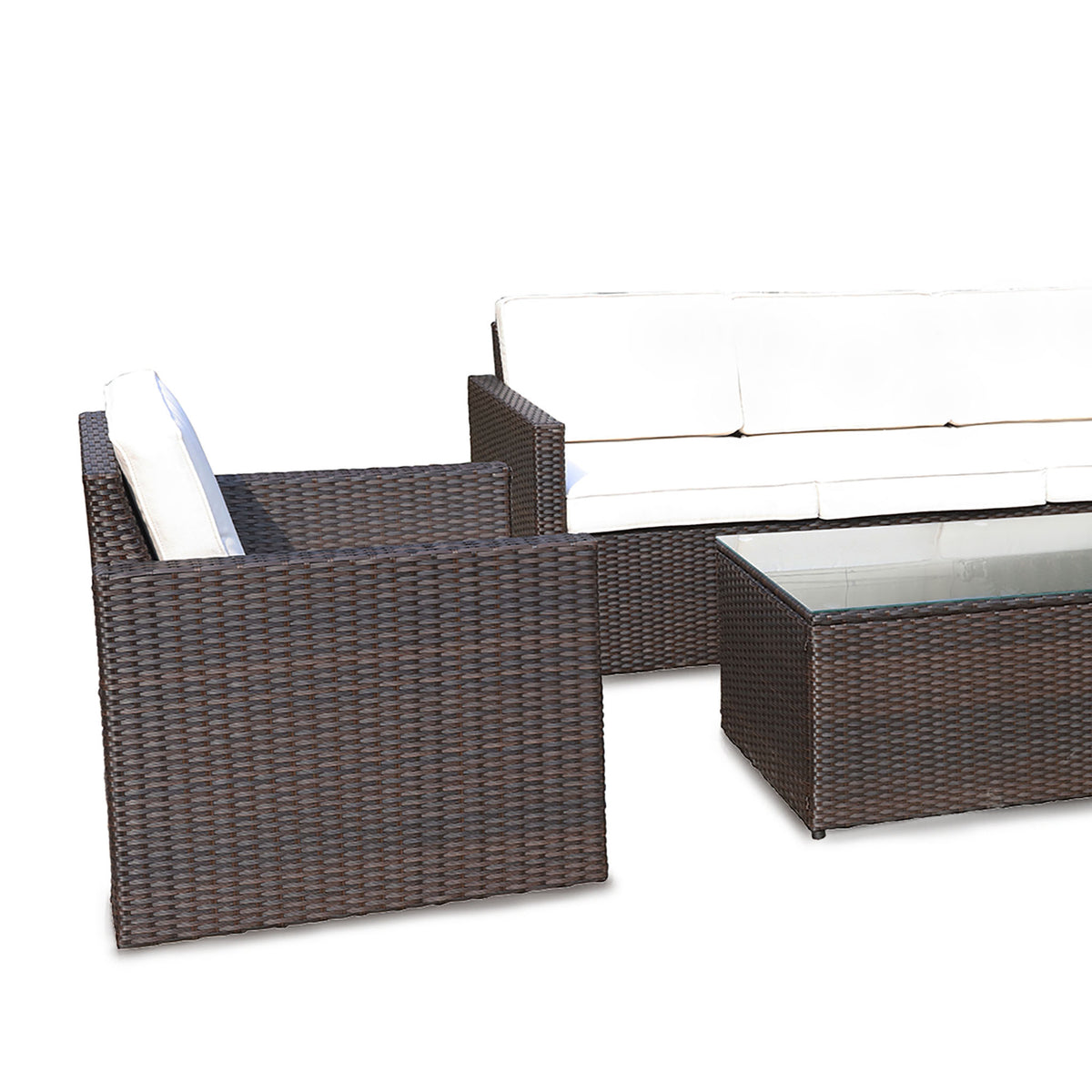 Berlin Brown Rattan 5 Seater Sofa Lounge Set with Glass Top Coffee Table 