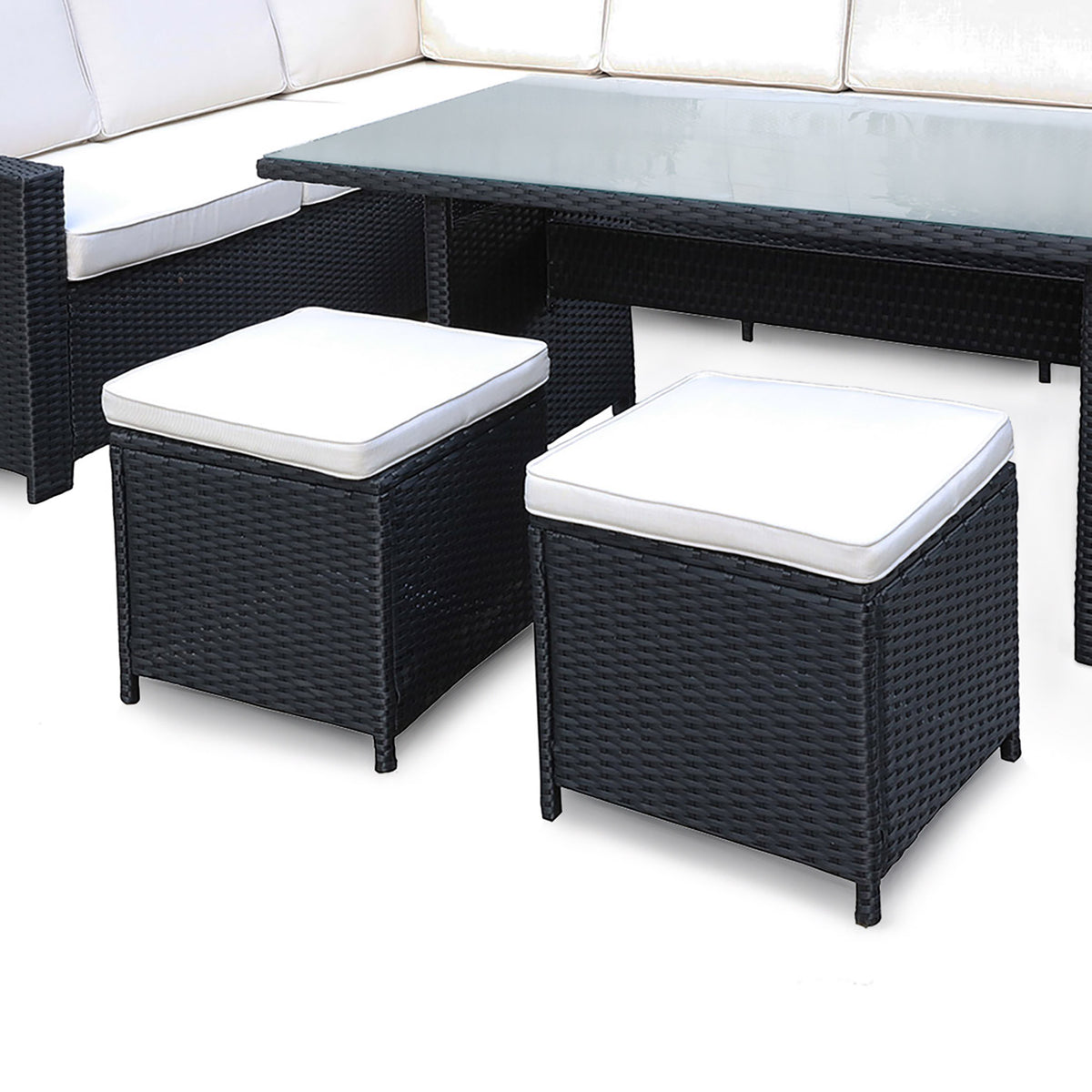 Berlin Black Rattan Corner Sofa Garden Dining Set with Stools