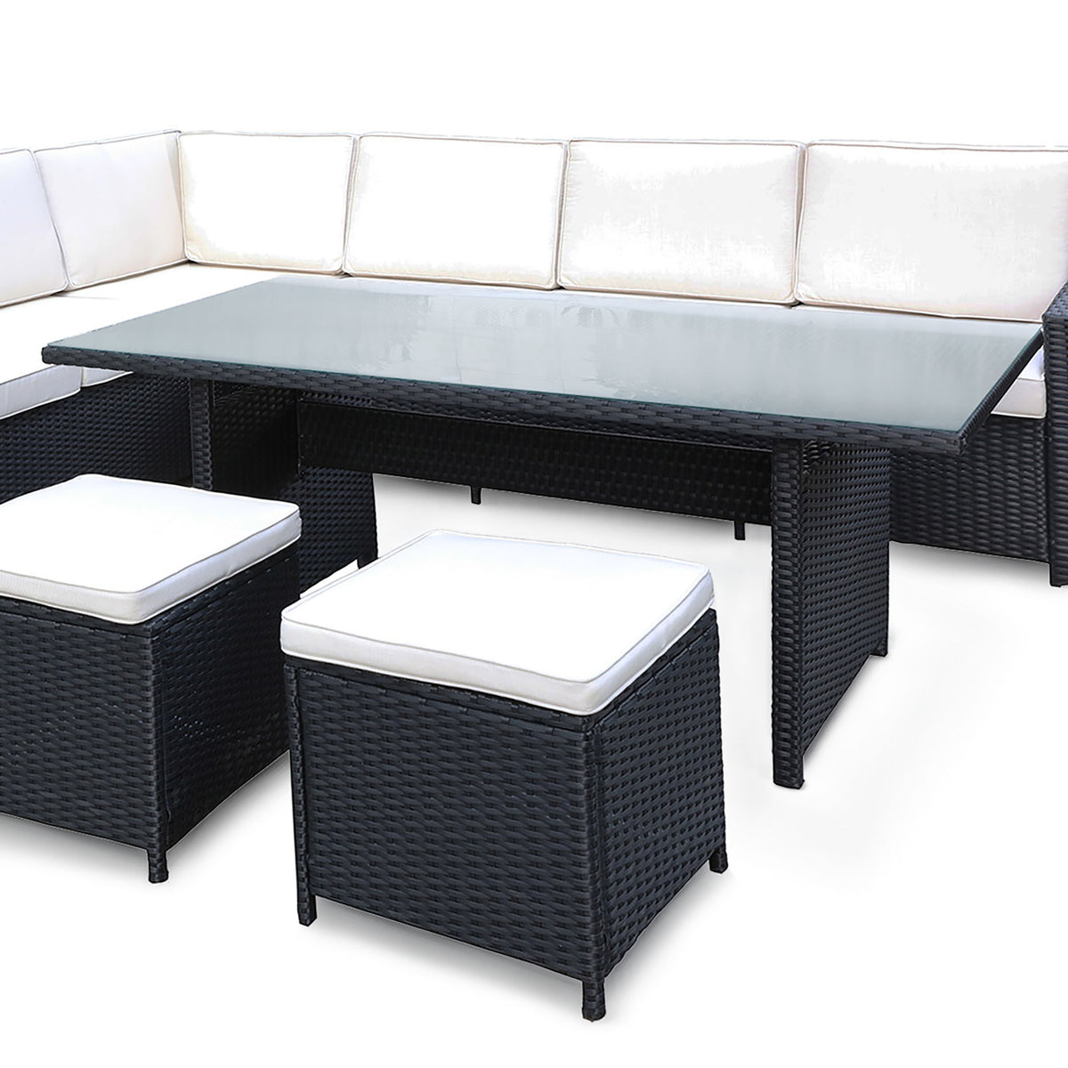 Berlin Black Rattan Corner Sofa Garden Dining Set with Glass Tabletop