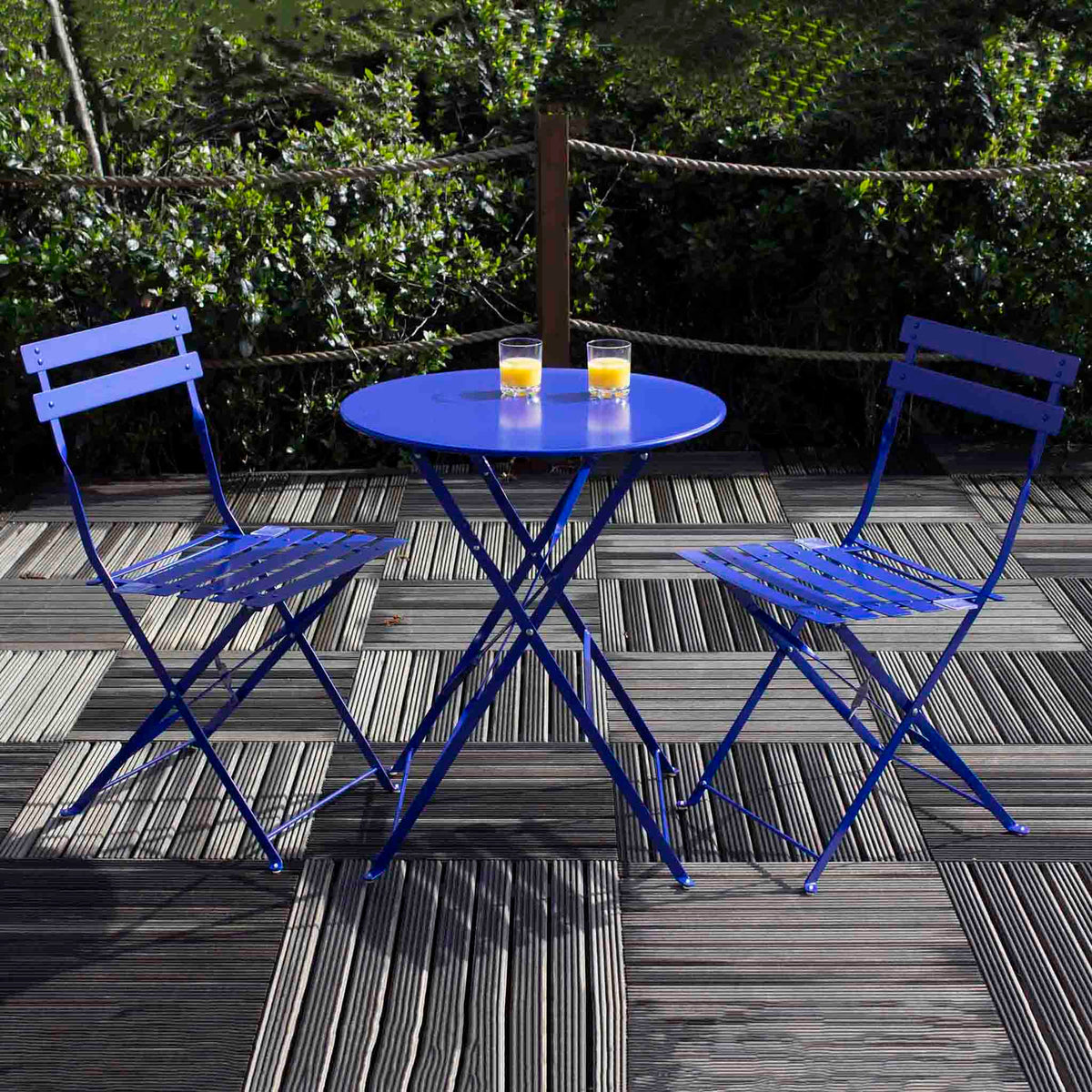 Bistro Blue Folding Table and Two Chairs - Lifestyle