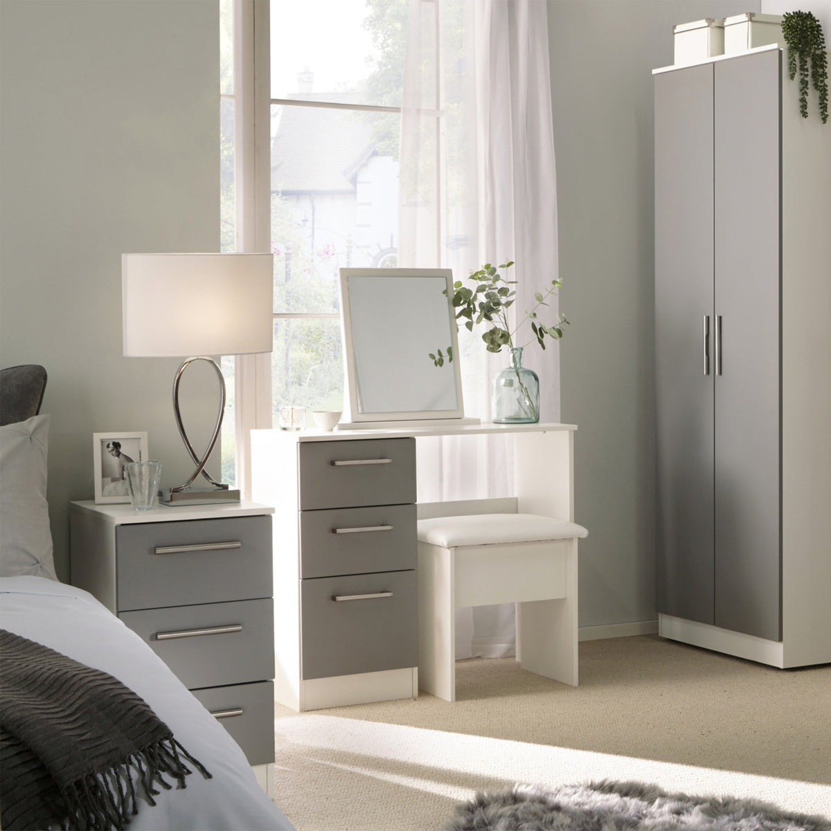 Blakely Grey and White 3 Drawer Bedside Cabinet for bedroom