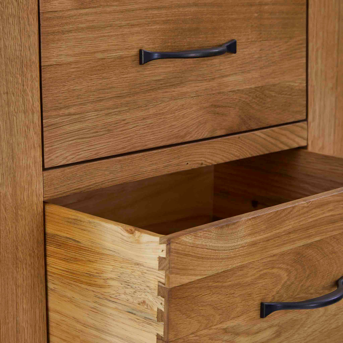 Abbey Grande Tallboy Chest of 5 Drawers - Close up of drawers open showing dovetail joints