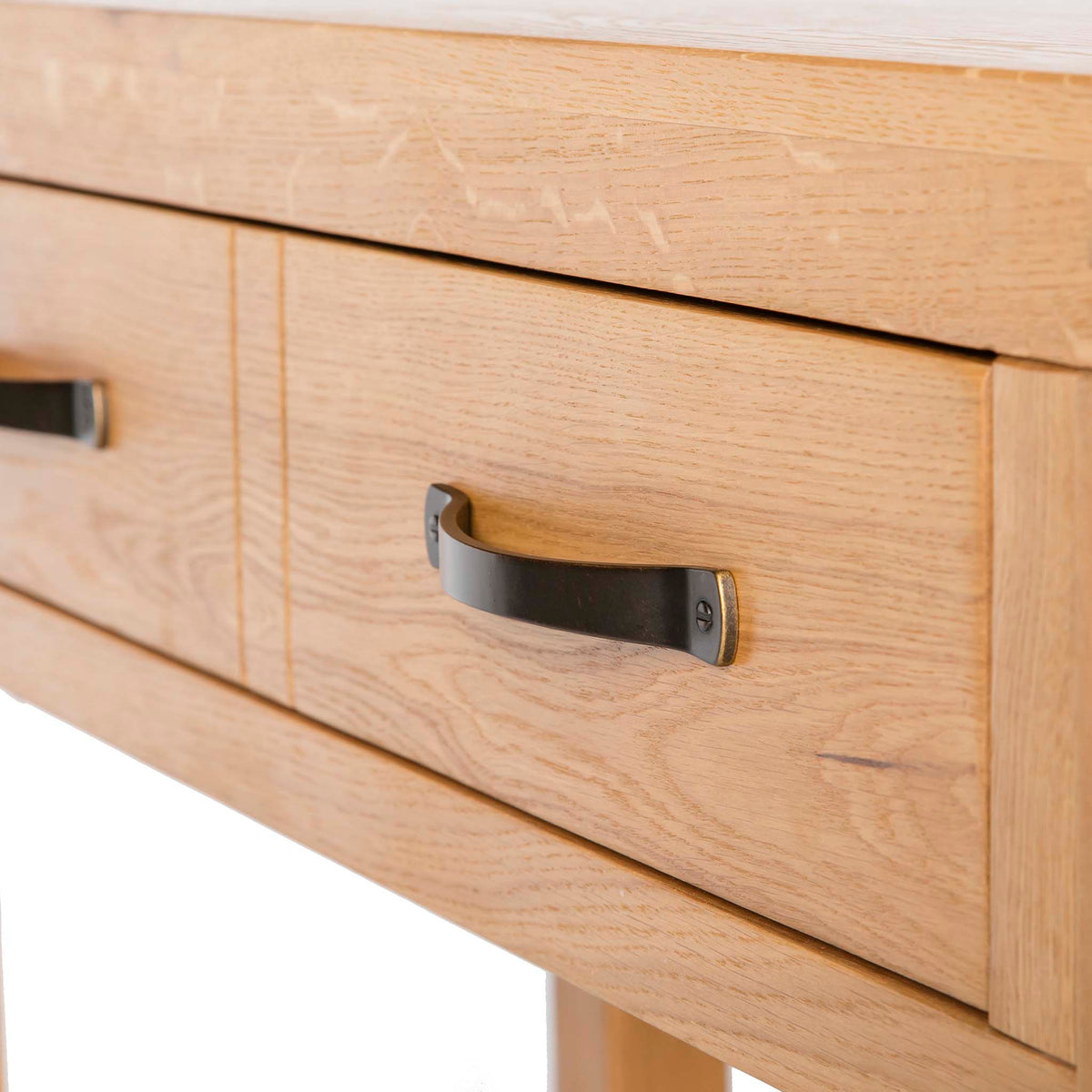  Abbey Waxed Oak Console Table with Drawer - Close up of drawer front from side