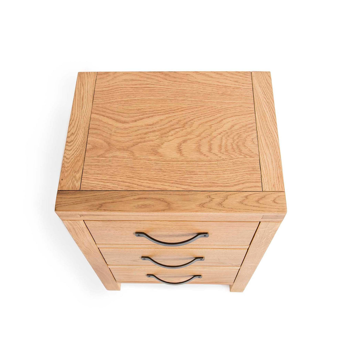 Abbey Waxed 3 Drawer Small Oak Bedside Table by Roseland Furniture - Looking down on bedside chest
