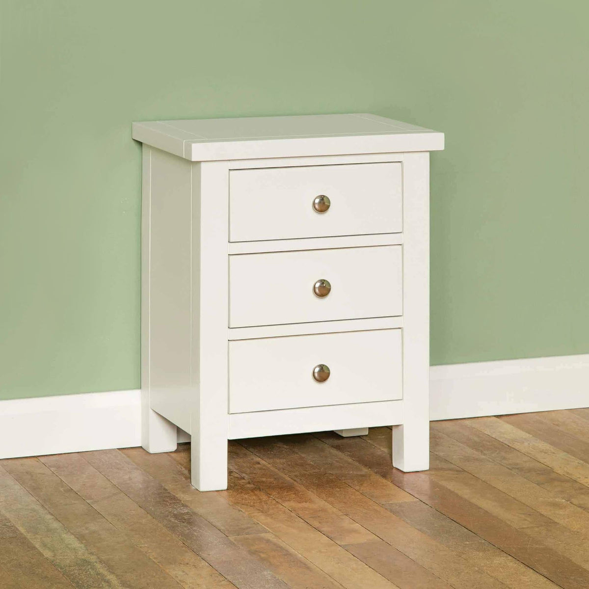 Cornish White 3 Drawer Bedside Table - Lifestyle side view