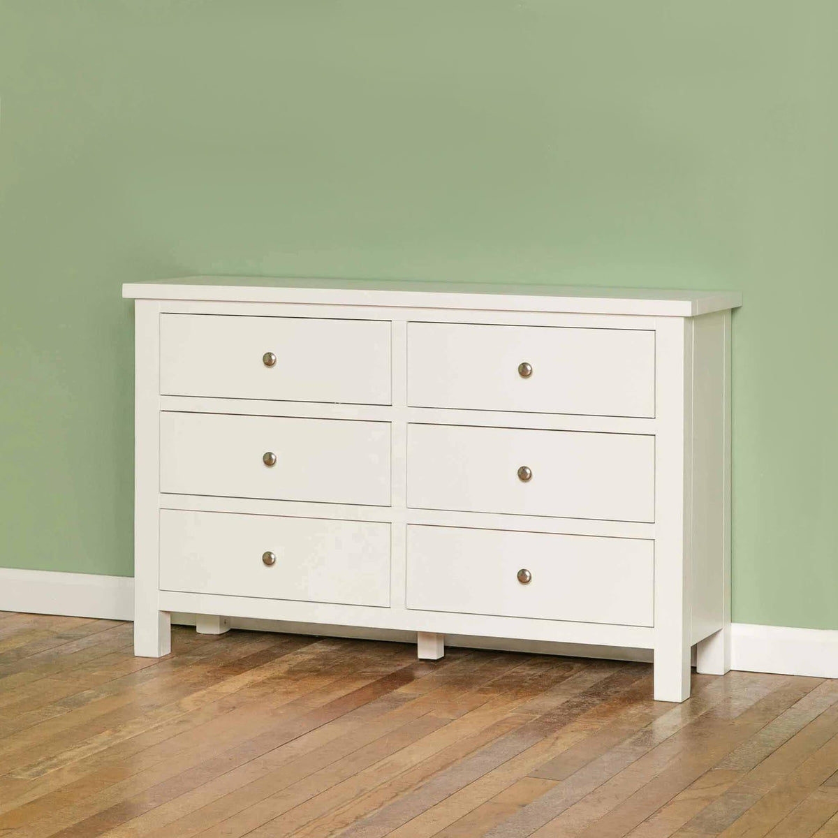 Cornish White Wooden Chest of 6 Drawers - Lifestyle side view