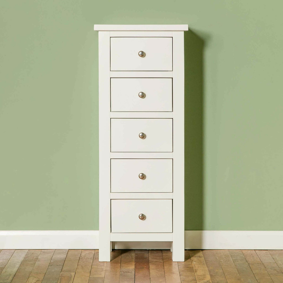 Cornish White Tallboy Chest of Drawers - Lifestyle front view