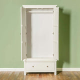 Cornish White Wooden Double Wardrobe - Lifestyle front view with wardrobe doors open