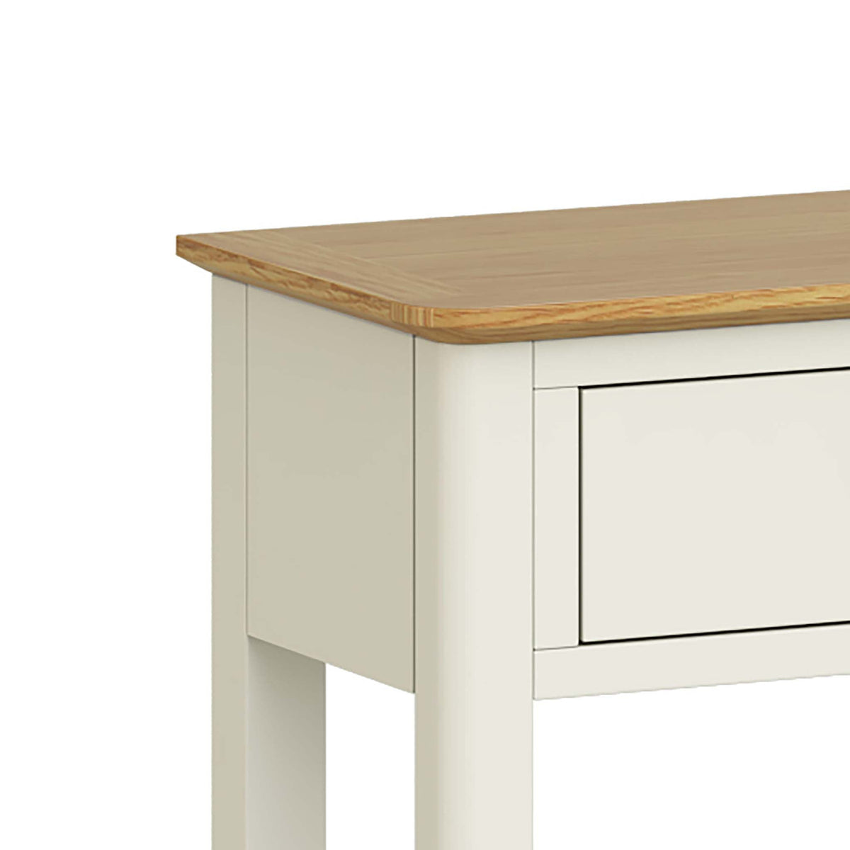 The Windsor Cream Painted Console Table with Storage Drawers - Close Up of Oak Top
