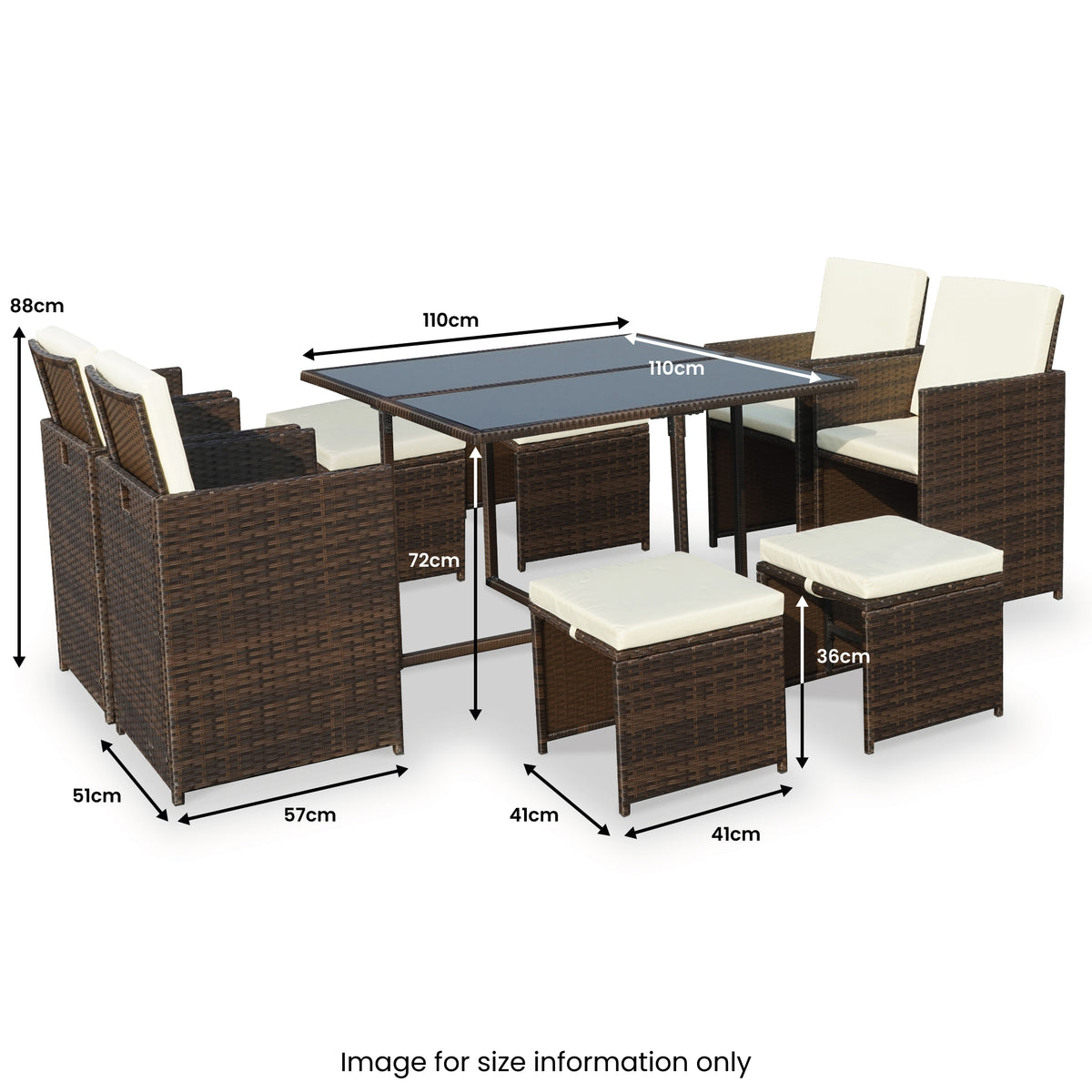 Cannes Brown 8 Seater Rattan Cube Dining Set dimensions