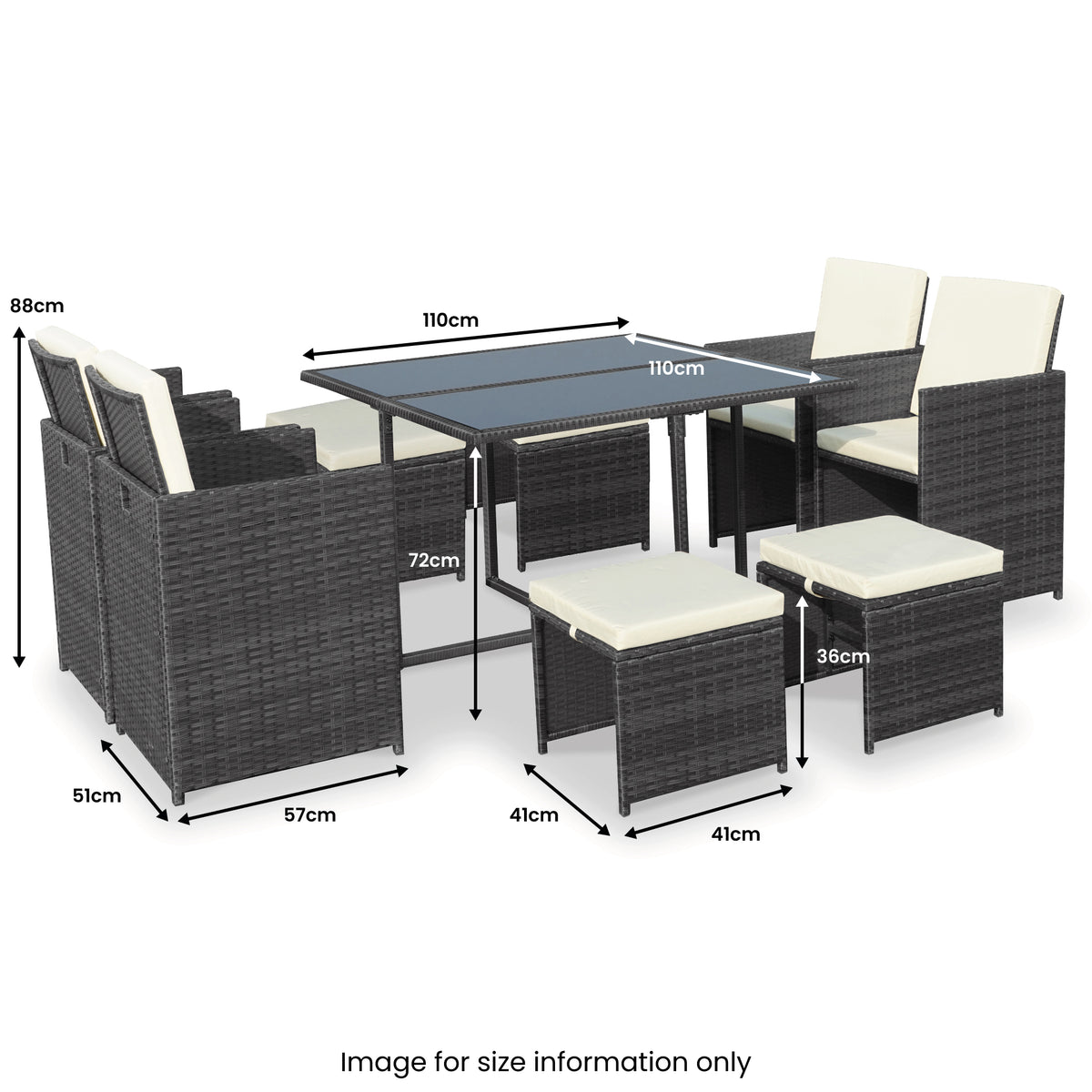 Cannes Grey 8 Seater Rattan Cube Dining Set dimensions