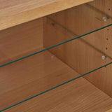 Close up of central glass shelves on the Side view of the Falmouth Oak Large TV Unit with 4 Drawers